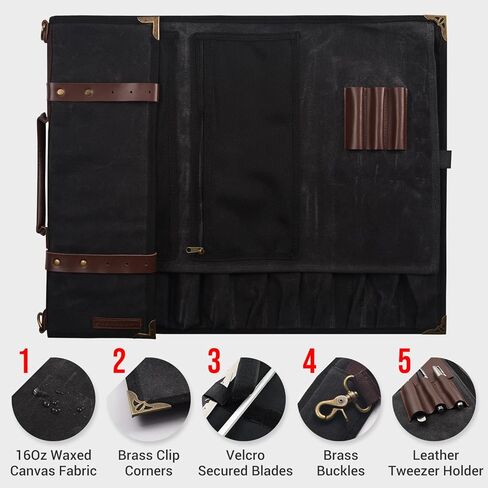 Manjushri Elegant and Light 12 Slots Professional Waxed Canvas & Genuine Leather Chef Knife Roll Bag Case with 4 Zipper Pouch Knife Organiser (Walnut Brown) in Kuwait