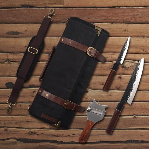 Manjushri Elegant and Light 12 Slots Professional Waxed Canvas & Genuine Leather Chef Knife Roll Bag Case with 4 Zipper Pouch Knife Organiser (Walnut Brown) in Kuwait