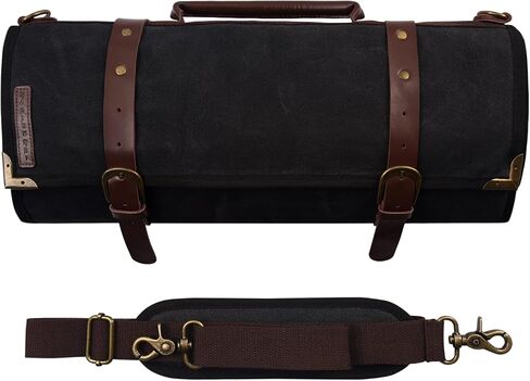 Manjushri Elegant and Light 12 Slots Professional Waxed Canvas & Genuine Leather Chef Knife Roll Bag Case with 4 Zipper Pouch Knife Organiser (Walnut Brown) in Kuwait