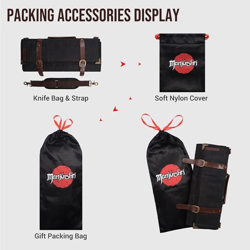 Manjushri Elegant and Light 12 Slots Professional Waxed Canvas & Genuine Leather Chef Knife Roll Bag Case with 4 Zipper Pouch Knife Organiser (Walnut Brown) in Kuwait