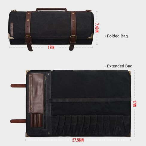 Manjushri Elegant and Light 12 Slots Professional Waxed Canvas & Genuine Leather Chef Knife Roll Bag Case with 4 Zipper Pouch Knife Organiser (Walnut Brown) in Kuwait