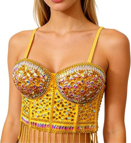 المرأة مثير حجر الراين حبة بوستير المحاصيل الأعلى نادي حزب بريق مشد أعلى الصدرية اللؤلؤ شرابة الديكور in Kuwait