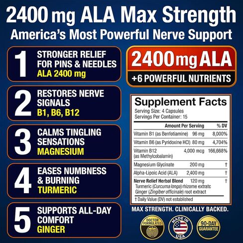 Neuropathy Supplement with 2400 mg Alpha Lipoic Acid – Advanced Support for Feet Hands Toes – 2400mg ALA, Vitamins B12 B6 & B1, Magnesium, Turmeric – 60 Capsules in Saudi Arabia