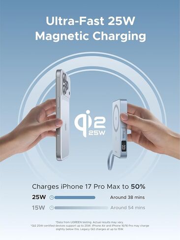 UGREEN MagFlow 10,000mAh Power Bank, Qi2 25W Certified Wireless Charging, Magnetic Portable Charger for MagSafe with Built-in Cable, 30W USB-C Battery Pack for iPhone 16 Pro Max/Pixel 10 Pro XL in Saudi Arabia