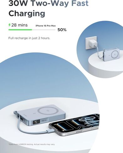 UGREEN MagFlow 10,000mAh Power Bank, Qi2 25W Certified Wireless Charging, Magnetic Portable Charger for MagSafe with Built-in Cable, 30W USB-C Battery Pack for iPhone 16 Pro Max/Pixel 10 Pro XL in Saudi Arabia
