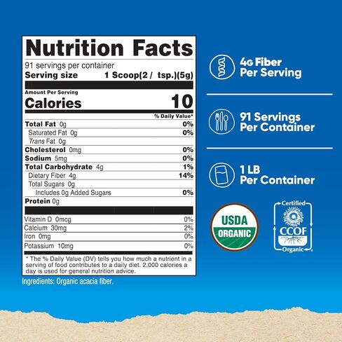 Nutricost Organic Acacia Fiber Powder (1 LB) Unflavored - USDA Organic, CCOF Certified, 4g of Fiber Per Serving, Vegan, GMO-Free, Gluten-Free, 91 Servings in Saudi Arabia
