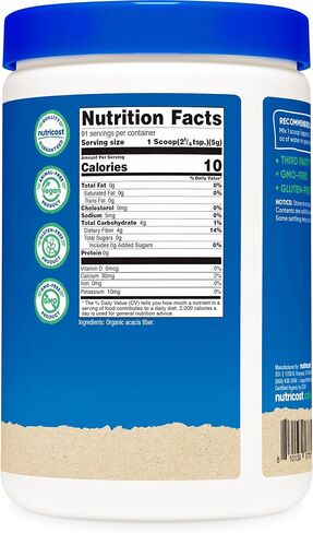 Nutricost Organic Acacia Fiber Powder (1 LB) Unflavored - USDA Organic, CCOF Certified, 4g of Fiber Per Serving, Vegan, GMO-Free, Gluten-Free, 91 Servings in Saudi Arabia