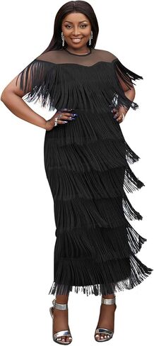 فستان طويل شبكي نسائي من AOMEI شفاف من خلال فتحة رقبة مستديرة ومرقعة بشراشيب وطبقات in Kuwait