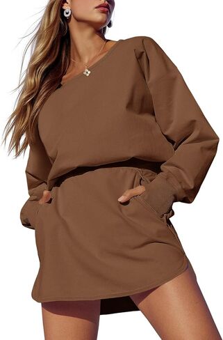 Fisoew Womens Long Sleeve Athletic Dress Backless Keyhole Built-in Shorts Oversized Workout Active Dresses Coffee in Saudi Arabia
