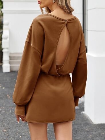 Fisoew Womens Long Sleeve Athletic Dress Backless Keyhole Built-in Shorts Oversized Workout Active Dresses Coffee in Saudi Arabia