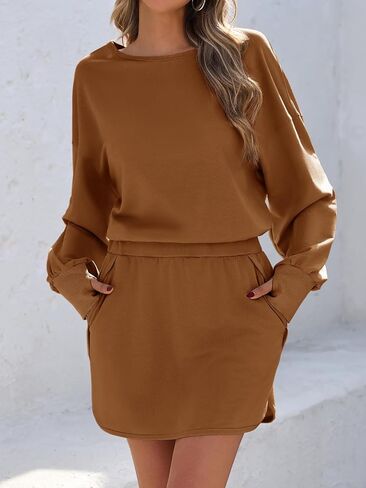 Fisoew Womens Long Sleeve Athletic Dress Backless Keyhole Built-in Shorts Oversized Workout Active Dresses Coffee in Saudi Arabia