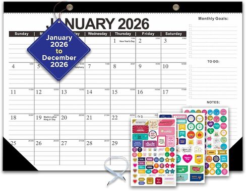 تقويم مكتب 2026 - يناير 2026 - ديسمبر 2026، 12 بوصة × 17 بوصة، لوحة تقويم لمدة 12 شهرًا مع واقيات زوايا، خط قطع، فتحة تعليق، تقويم مكتبي كبير للمدرسة - نمط أسود بسيط in Kuwait