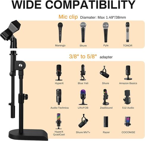 AODSK Desktop Microphone Stand, Height-Adjustable, Includes microphone clip and 5/8-inch male to 3/8-inch female screw connector, Non-Slip Stable Base(AS-DMS2) in Saudi Arabia