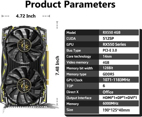 بطاقة رسومات RX 550 4GB LP GDDR5 128BIT COMPUTER CARD مع بطاقة رسومات GPU HDMI/DVI DIRECTX 12 PCI Express 3.0 X8 GPU CARD in Kuwait