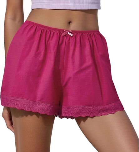 Women's Casual Elastic Waist Lounge Shorts Comfy Stretch Lace Trim Patchwork Pajama Bottoms Summer Loose Shorts in Saudi Arabia