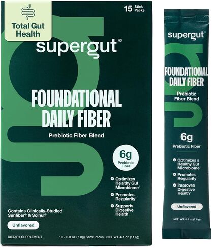 Supergut Foundational Fiber Daily، مزيج مسحوق بريبايوتك نباتي وخالي من السكر لصحة الأمعاء ودعم الجهاز الهضمي، مكمل نباتي للرجال والنساء مع 6 جرام من الألياف، بدون نكهة، 15 عبوة لاصقة in Saudi Arabia