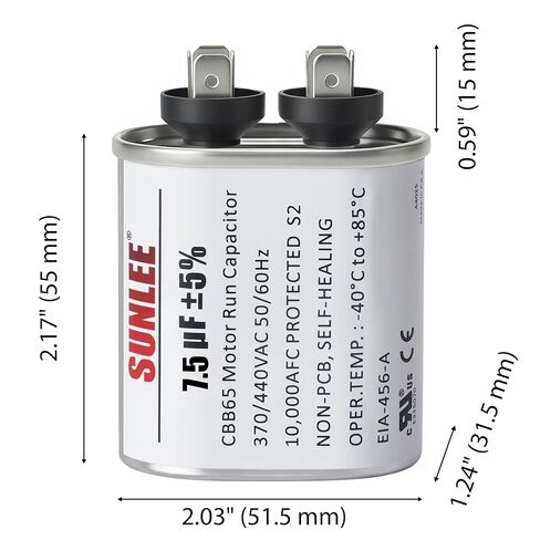 SUNLEE UL معترف به 7.5 فائق التوهج (7.5 MFD) 370/440 VAC CBB65 مكثف تشغيل بيضاوي، 50/60 هرتز، بديل موثوق لمحرك مروحة مكثف التيار المتردد، المضخة الحرارية أو محرك منفاخ مضخة حمام السباحة، الفرن in Kuwait
