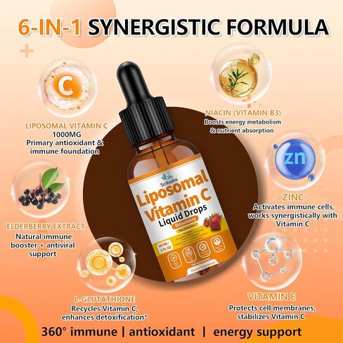 فيتامين C الشحمي 1000 ملغ قطرات عالية الفعالية 6 في 1 قابلة للذوبان في الدهون VIT C w. الزنك البلسان الجلوتاثيون النياسين لدعم المناعة إنتاج الكولاجين المضاد للأكسدة 丨 تركيبة فيتامين C السائلة عالية الامتصاص in Kuwait