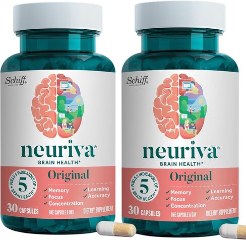 NEURIVA مكمل الدماغ الأصلي للذاكرة والتركيز والتركيز + التعلم والدقة مع نوتروبيكس الفوسفاتيديلسيرين والعامل العصبي، خالي من الكافيين، 30 كبسولة (عبوتان) in Kuwait