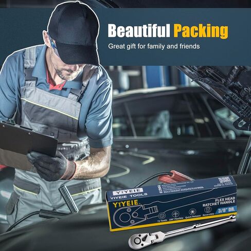 YIYEIE 3/8" سقاطة رأس مرنة للمحرك، سقاطة رأس دوارة 72 سنًا، سريعة الفك، فولاذ CR-V، مفتاح سقاطة مرن مع إسفنج EVA | بطول 10 بوصات in Kuwait