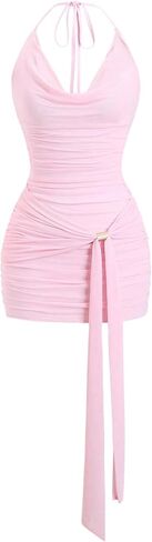 Floerns Women's Going Out Y2K Sexy Halter Dress Sleeveless Draped Ruched Side Tie Front Backless Party Mini Dresses in Saudi Arabia