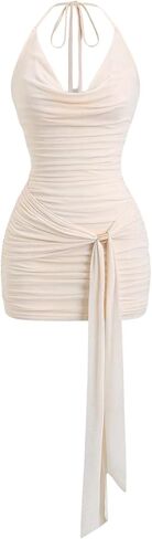 Floerns Women's Going Out Y2K Sexy Halter Dress Sleeveless Draped Ruched Side Tie Front Backless Party Mini Dresses in Saudi Arabia