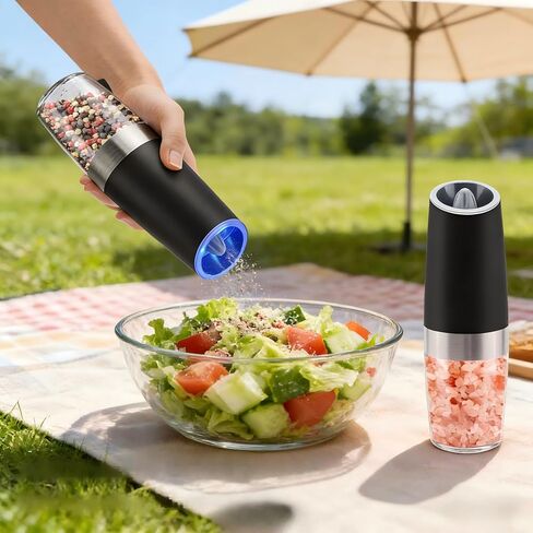 مجموعة مطحنة الملح والفلفل الكهربائية، تعمل بالبطارية مع ضوء LED، تشغيل تلقائي بيد واحدة، مطحنة خشنة قابلة للتعديل، أسود، أدوات المطبخ (أسود) in Saudi Arabia