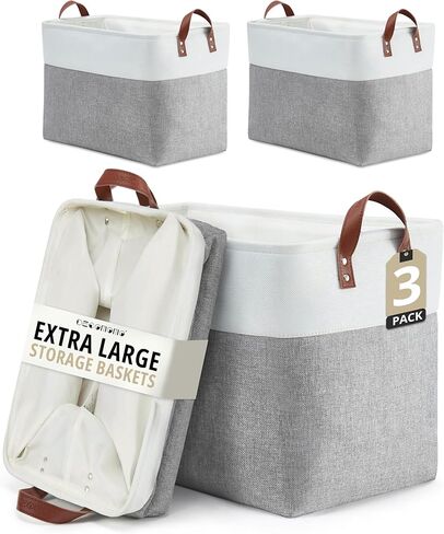 DECOMOMO Fabric Storage Bins, Extra Large Storage Baskets with Handles | 3 Pack Storage Baskets for Shelves, Laundry, Toys, Nursery (Beige & White) in Saudi Arabia