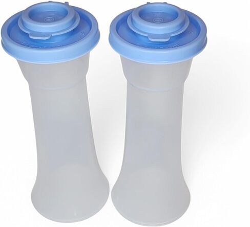 Tupperware Large Hourglass Salt and Pepper Shakers Clear Containers with Iris Blue Seals in Saudi Arabia