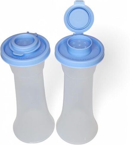 Tupperware Large Hourglass Salt and Pepper Shakers Clear Containers with Iris Blue Seals in Saudi Arabia