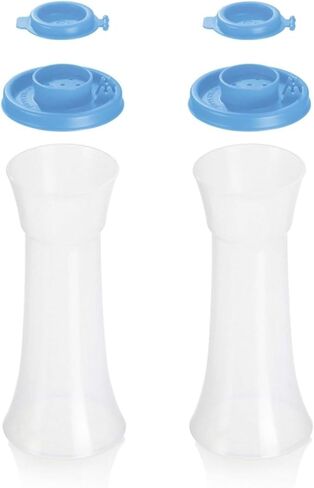 Tupperware Large Hourglass Salt and Pepper Shakers Clear Containers with Iris Blue Seals in Saudi Arabia