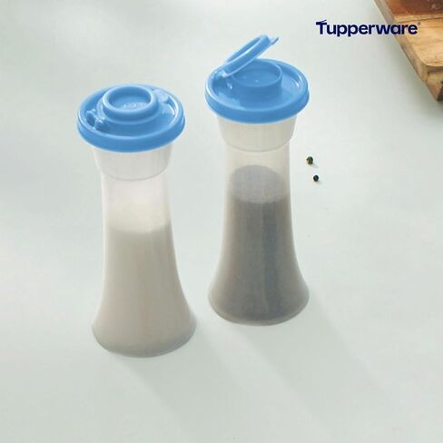 Tupperware Large Hourglass Salt and Pepper Shakers Clear Containers with Iris Blue Seals in Saudi Arabia