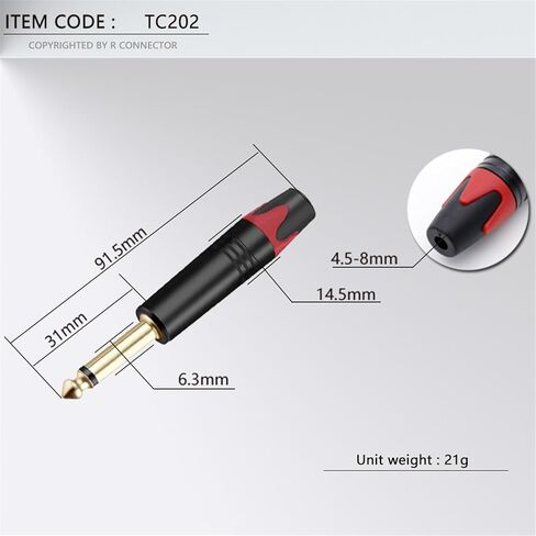 10PCS Mono Jack 6.35MM Connector 1/4 Inch 6.3MM Male Plug Soldering Wire Connector Brass Microphone Plug Connecto(Red) in Saudi Arabia