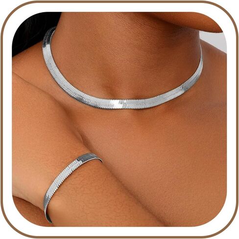 Nojess 2Pcs 14K Gold/Silver Plated Snake Chain Necklace for Women Herringbone Necklace Gold Choker Necklaces for Women Jewelry 15.7" L x 1.2" W in Saudi Arabia