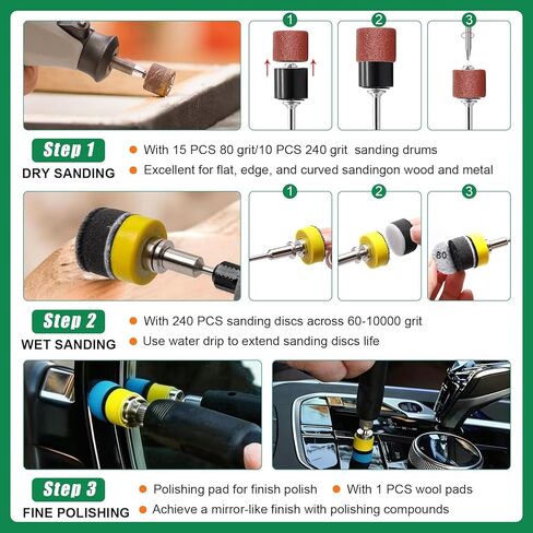 279 قطعة من أقراص الصنفرة والطبول مقاس 1 بوصة لقم الصنفرة من Dremel، وخطاف وحلقة صنفرة بحبيبات 60-10000 لملحقات أدوات Dremel، ومجموعة تلميع Dremel للراتنج/الخشب/الصخور/المجوهرات in Kuwait