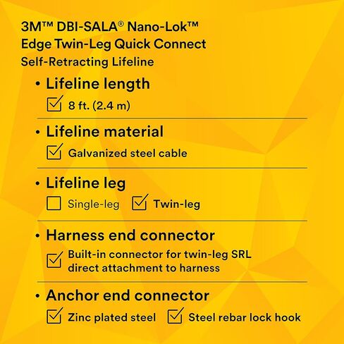 3M DBI-SALA Nano-Lok edge Twin-Leg Quick Connect للحماية من السقوط ذاتي السحب Lifeline SRL - بناء الكابل 3500227، برتقالي، 8 أقدام (2.4 م)، 1 EA in Saudi Arabia