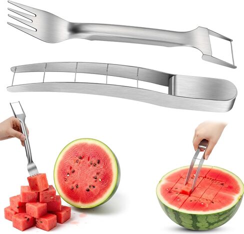 LemonRoad 2 Pcs Watermelon Cutter Slicer Set, 2-in-1 Stainless Steel Fruit Cutter with Fork & Watermelon Cutters Tool for Easy Cubes, Quickly Melon Slicer Tool Set for Home Party Camping Kitchen in Saudi Arabia