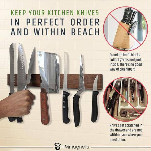 حامل سكاكين مغناطيسي من خشب الجوز الداكن الفاخر للجدار | 16 بوصة | نسخة مطورة | شريط سكين مغناطيسي خشبي احترافي - حامل سكاكين موفر للمساحة/قضيب سكاكين مع قوة سحب مغناطيسية قوية in Kuwait