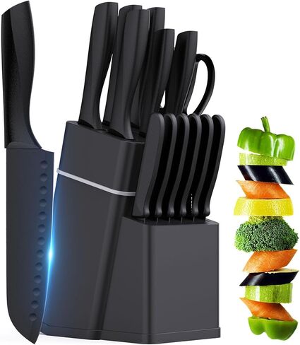 مجموعة سكاكين المطبخ مع كتلة - طقم سكاكين 15 قطعة مع مبراة مدمجة، آمنة للاستخدام في غسالة الأطباق، شفرات من الفولاذ المقاوم للصدأ سكاكين المطبخ in Kuwait