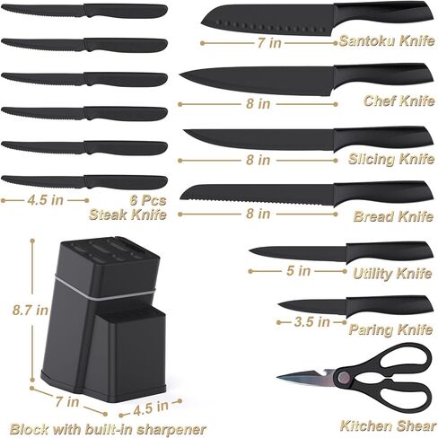 مجموعة سكاكين المطبخ مع كتلة - طقم سكاكين 15 قطعة مع مبراة مدمجة، آمنة للاستخدام في غسالة الأطباق، شفرات من الفولاذ المقاوم للصدأ سكاكين المطبخ in Kuwait