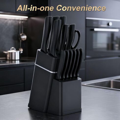 مجموعة سكاكين المطبخ مع كتلة - طقم سكاكين 15 قطعة مع مبراة مدمجة، آمنة للاستخدام في غسالة الأطباق، شفرات من الفولاذ المقاوم للصدأ سكاكين المطبخ in Kuwait