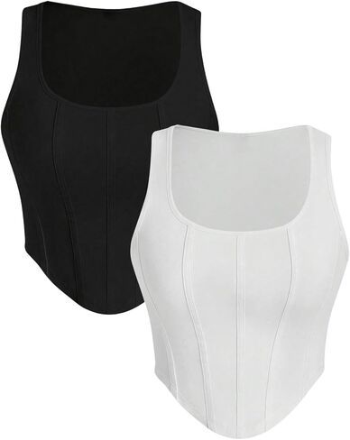 WDIRARA Women's 2 Pack Crop Bustier Corset Tank Top Sleeveless Square Neck Asymmetrical Hem Ribbed T Shirts in Saudi Arabia