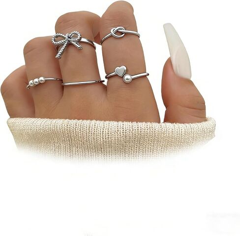 Pearl Bow Rings for Women,Cute Gold Heart Knot Stackable Rings Set Trendy Silver Non Tarnish Knuckle Ring Pack,Charm Everyday Party Jewelry Gifts in Saudi Arabia