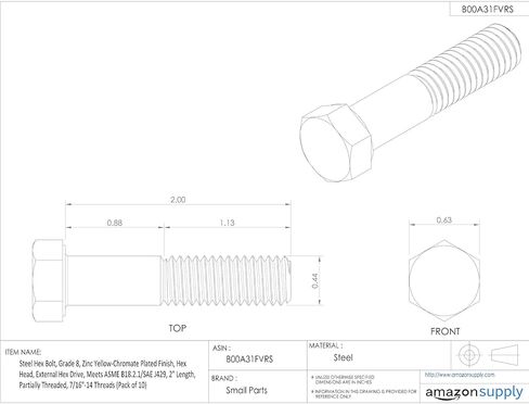 Steel Hex Bolt, Grade 8, Zinc Yellow-Chromate Plated Finish, Hex Head, External Hex Drive, Meets ASME B18.2.1/SAE J429, 2" Length, Partially Threaded, 7/16"-14 Threads (Pack of 10) in Saudi Arabia