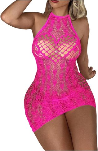 OYOANGLE Women's Hollow Out Heart Fishnet Mesh Lingerie Dress See Through Backless Chemise Nightwear in Kuwait