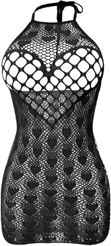 OYOANGLE Women's Hollow Out Heart Fishnet Mesh Lingerie Dress See Through Backless Chemise Nightwear in Kuwait