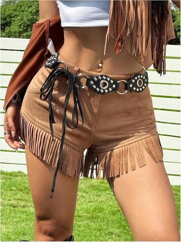 SweatyRocks Women's Faux Suede Fringe Shorts Low Waist Western Cowgirl Tassel Mini Shorts in Saudi Arabia