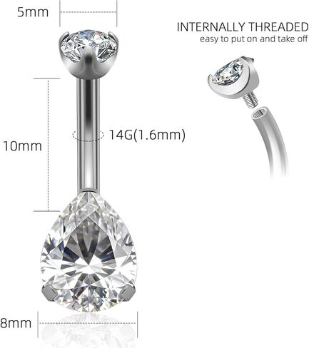 G23 Titanium Belly Button Rings 14G — Floating Navel Piercing Jewelry with 5mm & 8mm Teardrop CZ — Internal Thread Curved Barbell, Hypoallergenic (10mm / 12mm, Silver/Gold/Pink/Lake Blue) in Saudi Arabia