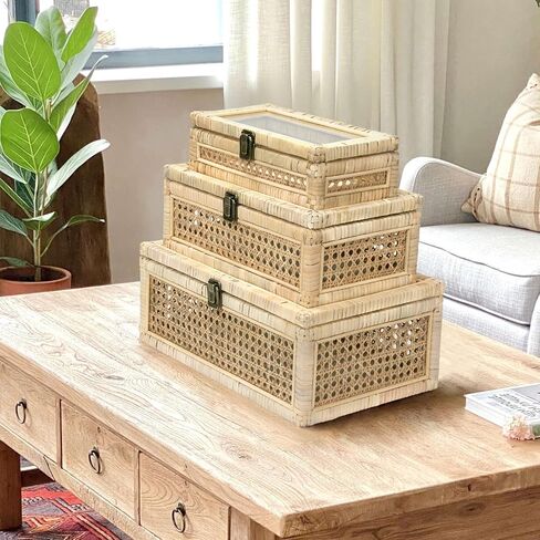 صناديق عرض Boho Rattan مع أغطية الروطان، 3 قطع سلة قصب كبيرة منسوجة يدويًا، صناديق تخزين منظمات ديكور المنزل، صناديق عرض ذات لمسة نهائية طبيعية in Kuwait