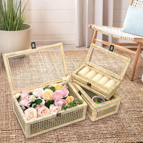 صناديق عرض Boho Rattan مع أغطية الروطان، 3 قطع سلة قصب كبيرة منسوجة يدويًا، صناديق تخزين منظمات ديكور المنزل، صناديق عرض ذات لمسة نهائية طبيعية in Kuwait